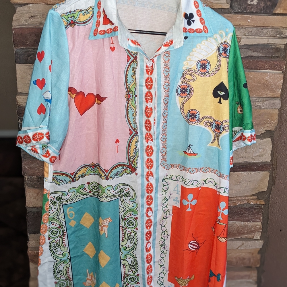 ♠️🌴 Resort Vibes Vibrant Playing Card Women's Shirt Dress. Mood Booster🌼🌺🃏❤️ - Picture 3 of 9